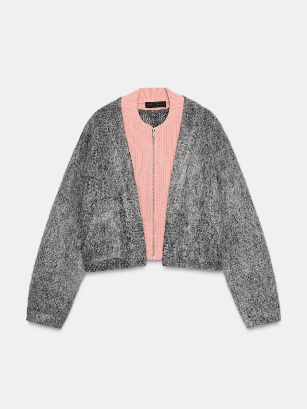 Zara Pink Center Zip Teddy Cardigan with Gray Mohair Panels